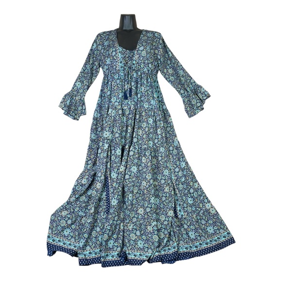 Anthropologie Dresses & Skirts - Anthropologie Boemo Maxi Dress L women Blue L Ruffle Tiered lace up boho Floral